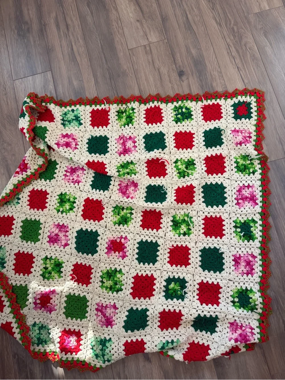 Vintage Hand Crocheted Granny Square Christmas Afghan Blanket